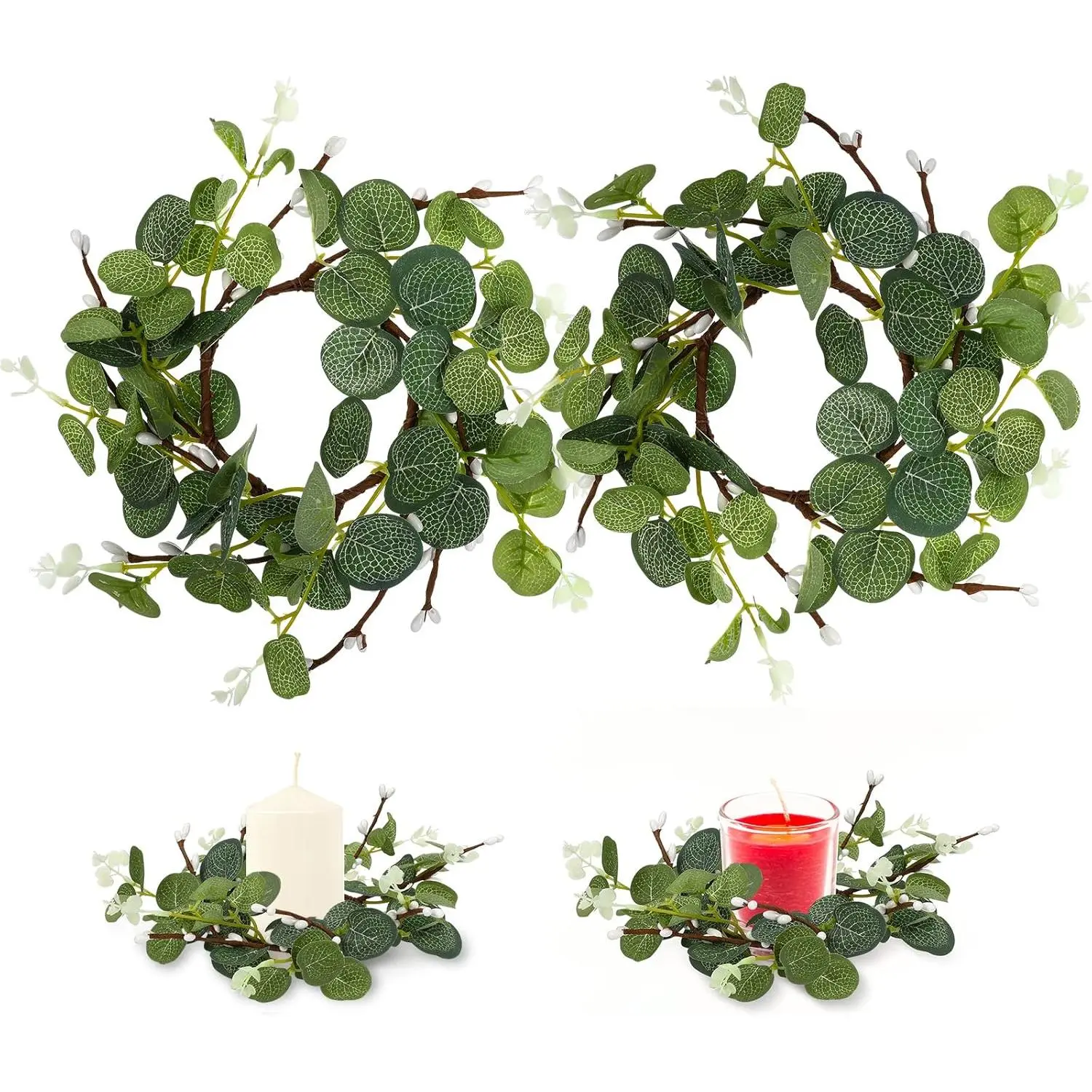2Pcs 5.89inch Artificial Eucalyptus Wreath for Front Door Eucalyptus Farmhouse Candle Holder Eucalyptus Candle Ring Spring Summer Green Wreath for Window Party Home Decor