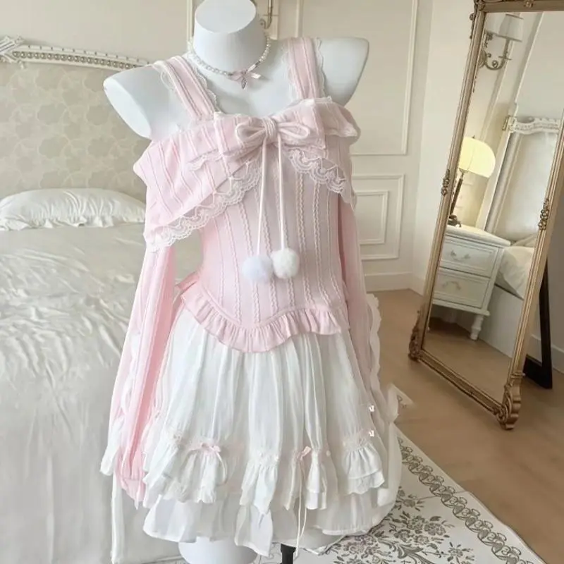Pink Japanese Sweet Lolita Pink 2 Piece Set Women Kawaii Bow Lace Puff Top + White Cake Skirt Fashion Slim Princess Cute Outfits