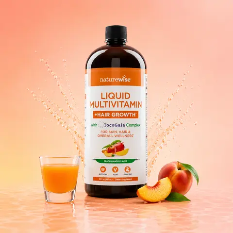 NatureWise Liquid Multivitamin Hair Growth for Women & Men + Tocogaia for Hair Growth & Skin Elasticity + Biotin, Vitamin D, E, B - Sugar Free Multivitamin - Peach Mango Flavor - Non-GMO - USA Manufactured