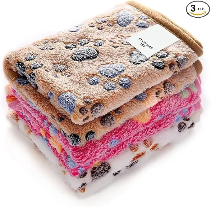 Premium Soft Fluffy Fleece Pet Blanket Pack (1 Pack, 3 Blankets) - Flannel Throw for Dogs, Cats, Puppies - Paw Design, Brown/Pink/White, Small (23x16 in)