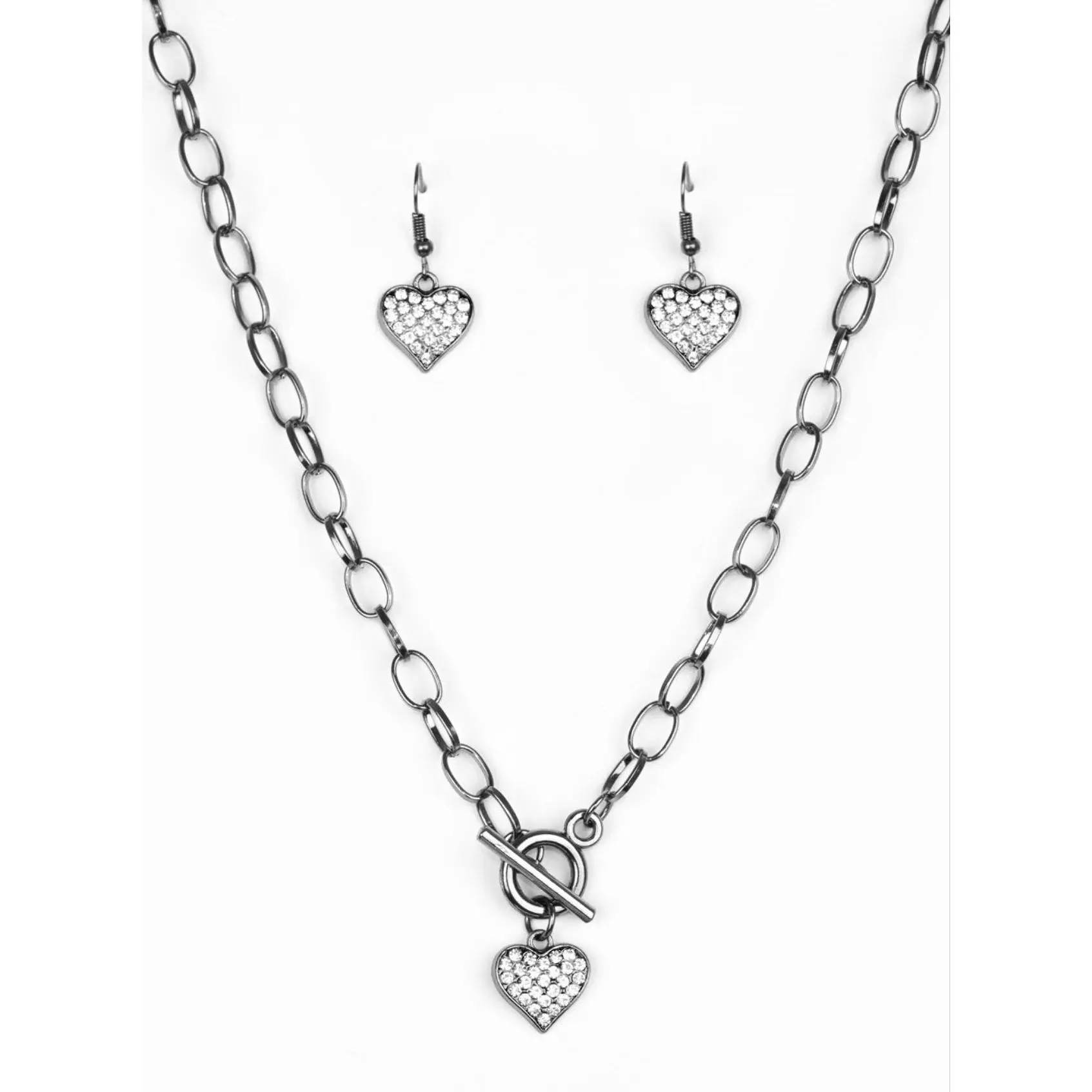 Bling Hearted Gunmetal/Shiny Black Necklace and Earrings