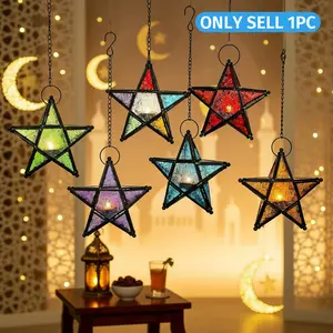 Ramadan European Vintage Iron Art Colorful Glass Star Candle Holder, Vintage Candle Stand, Windproof Hanging Candlestick, Home Bar Restaurant Decor Gift, Decoration, Home Accessories