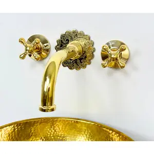 Brass Wall Faucet with Engraved Floral Cover Plate – 3-Hole Installation