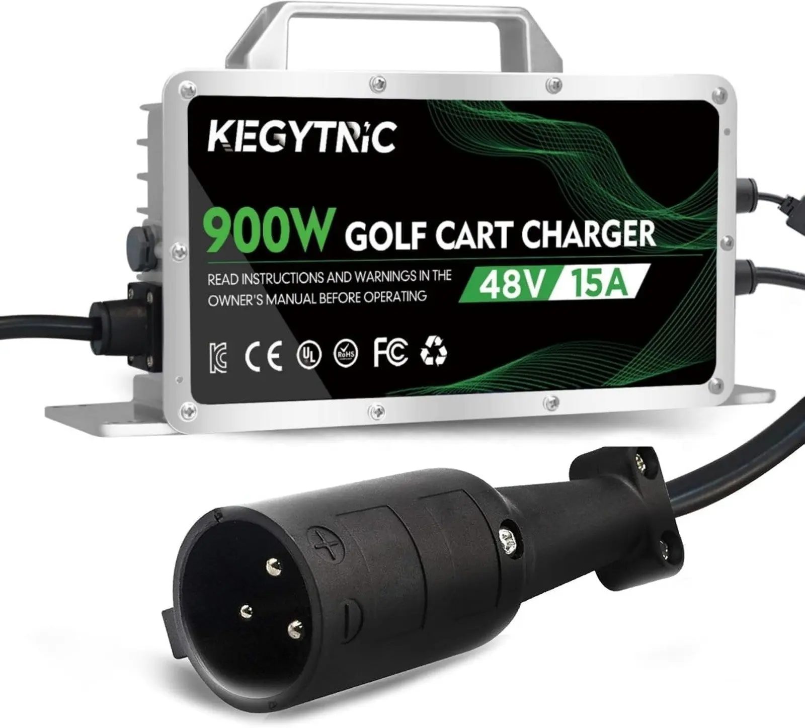 48V Golf Cart Charger, 15 AMP Club Car Battery Charging Station with 3-Pin Round Plug