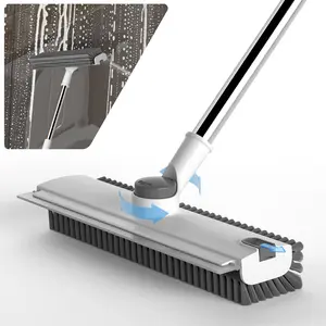 Glumzrk Scrub Brush with Long Handle, Floor Scrub Brush Squeegee Broom for Cleaning, 3 in 1 Shower Scrubber Floor Broom Squeegee for Concrete Tile Wall Deck Patio Grey White