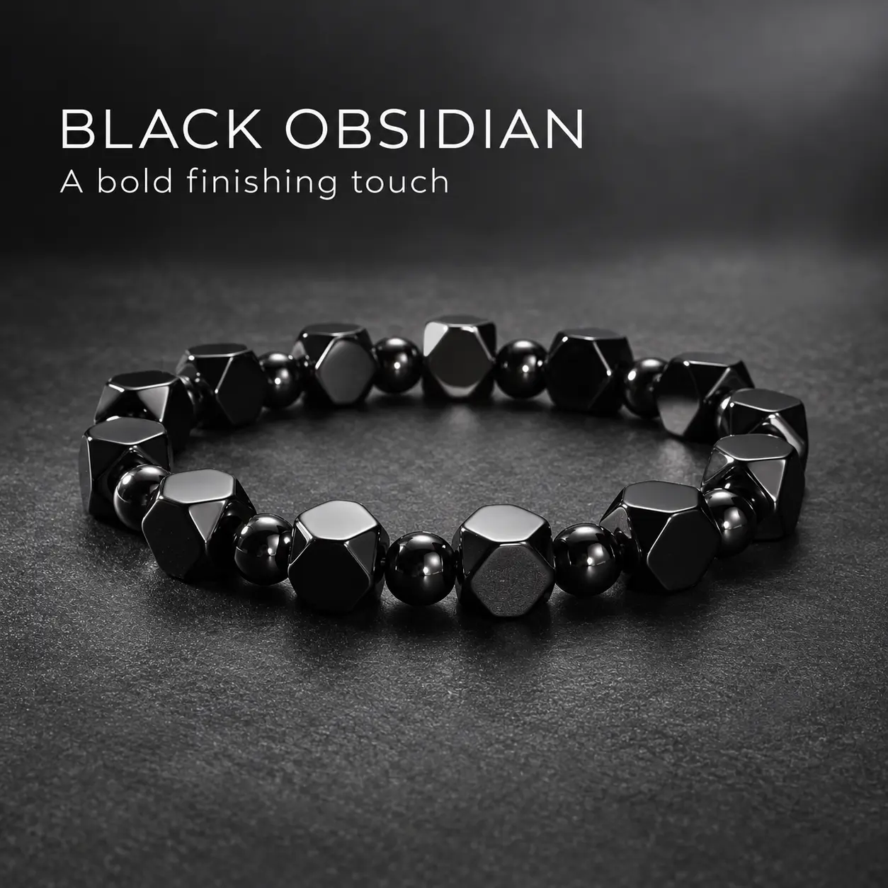 YLNWH Men’s Black Obsidian Beaded Bracelet, Geometric Faceted Beads with Polished Round Beads, Minimalist Everyday Jewelry, Gift for Him