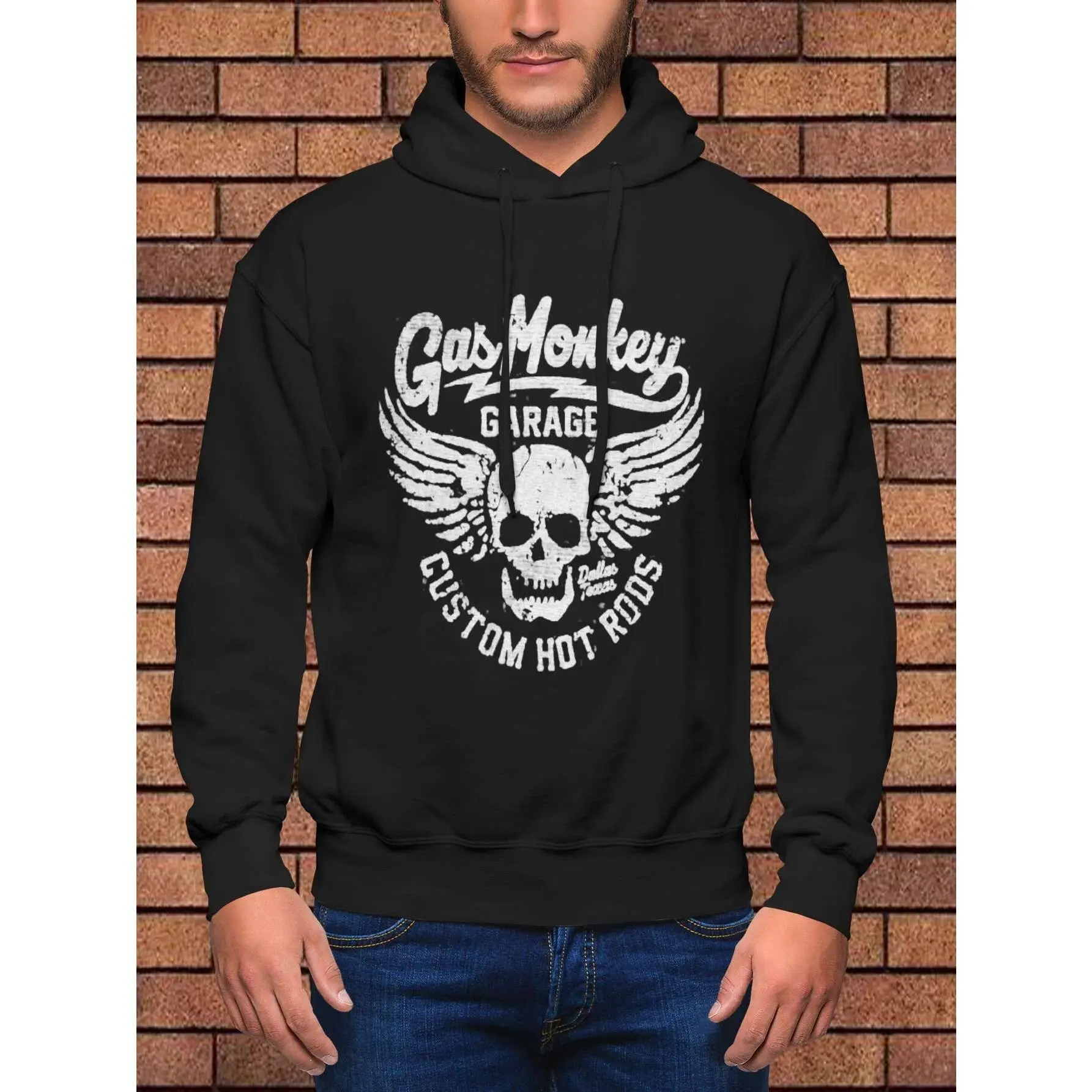 Graphic Hoodie Gas Monkey Garage Men's Hot Rods Pullover Skull And Wings Cotton Blend All Seasons Wear IH1
