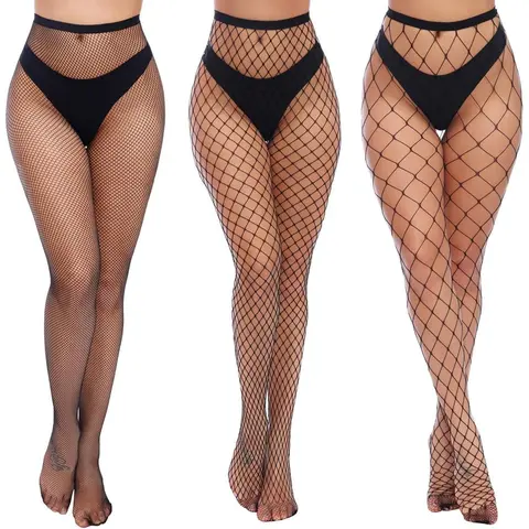 Women's 3-Pack High Waist Full Length Fishnet Mesh & Garter Stockings-Tights-Pantyhose, Comfortable and Elastic Fabric, Breathable Stretch Fit, Expandable Band, Skinny Design, Fashion Glam Lingerie for Women, Ideal for Clubwear, Skirts, Small-XXX-Large