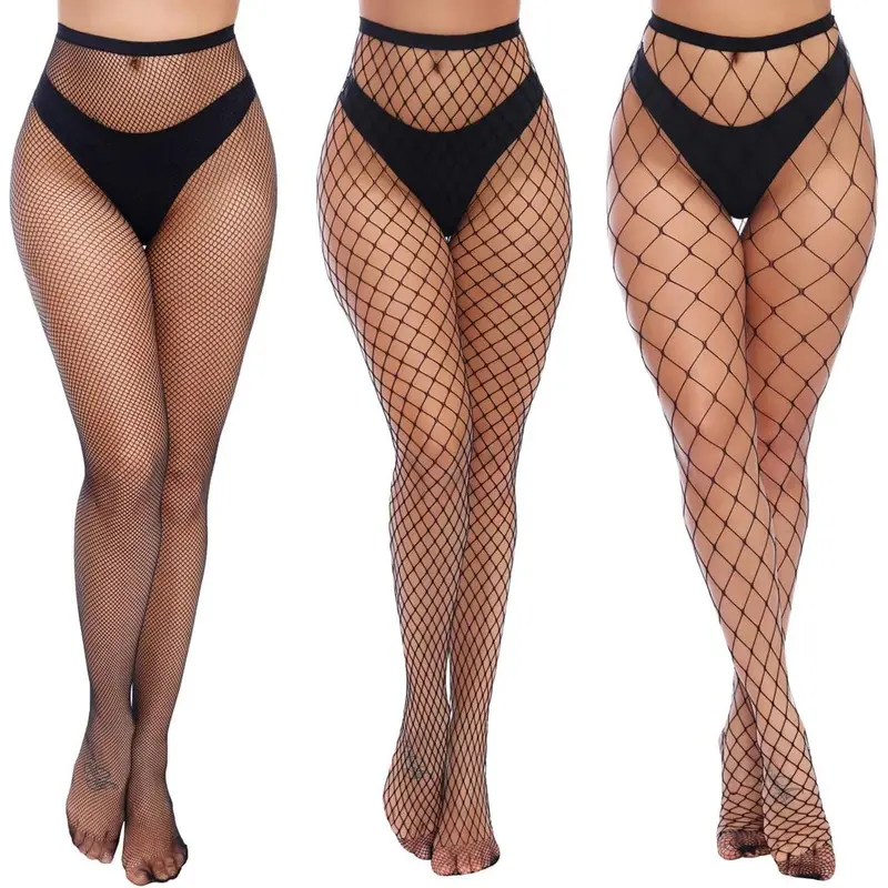 Women's 3-Pack High Waist Full Length Fishnet Mesh & Garter Stockings-Tights-Pantyhose, Comfortable and Elastic Fabric, Breathable Stretch Fit, Expandable Band, Skinny Design, Fashion Glam Lingerie for Women, Ideal for Clubwear, Skirts, Small-XXX-Large