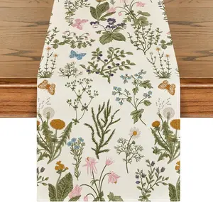 Wildflowers Floral Spring Table Runner, Butterfly Seasonal Summer Kitchen Dining Table Decoration for  Party Decor 13x90 Inch