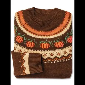 Halloween women's casual round neck pumpkin jacquard sweater, autumn and winter fit knitted pullover, comfortable and fashionable