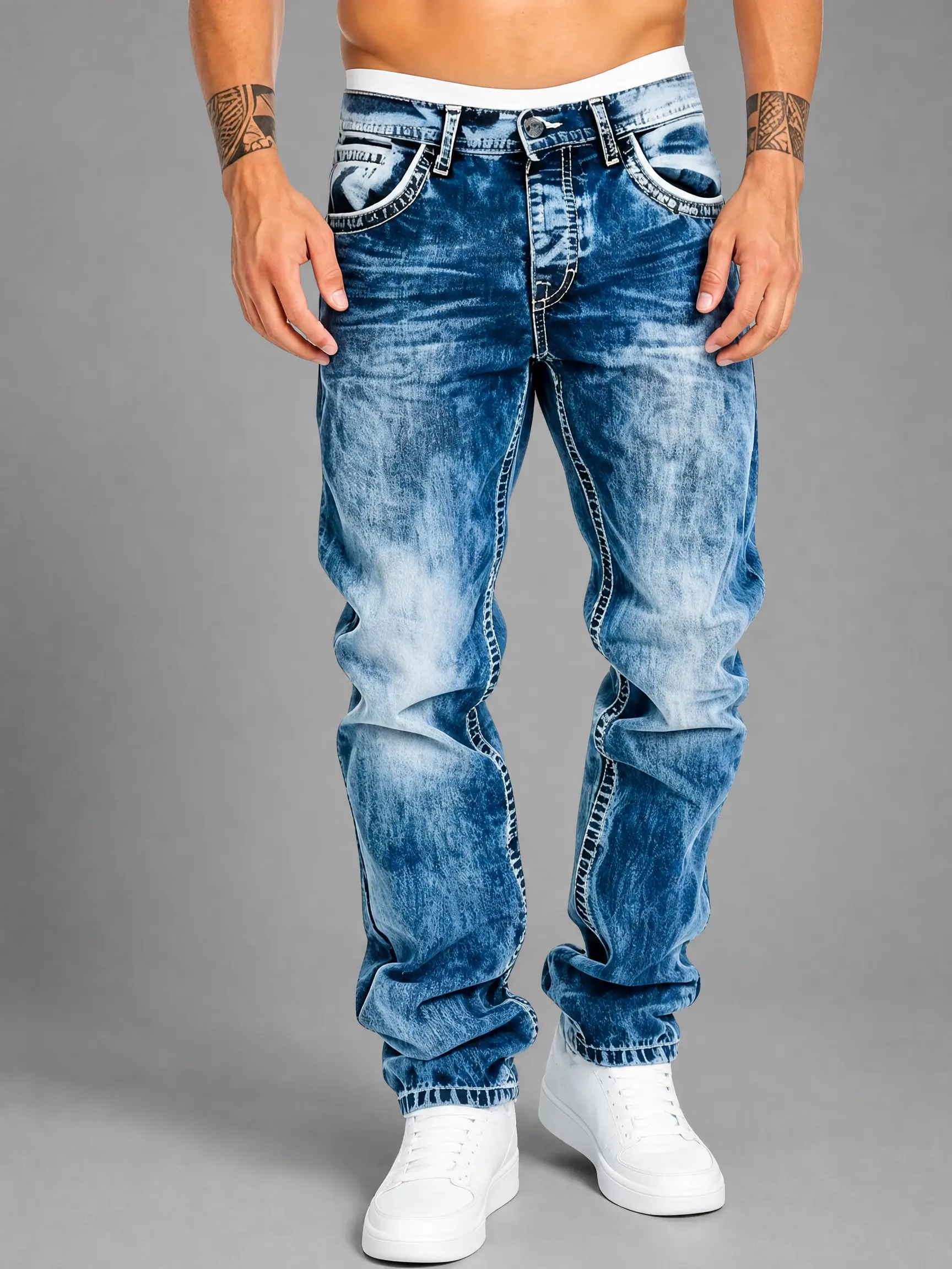 Men's Wide Leg Baggy Stretchy Jeans - Menswear Classic Simple Breathable All-Season Cotton Pants with Elastic Stretch Waist, Casual Streetwear, Machine Washable