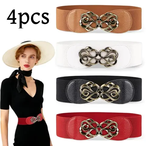 Women's Adjustable Elastic Waistband Belt Set (4 Pcs, 2.36" Wide Vintage Style with Buckle) - Decorative, Casual Fashion Belt for Dresses, Wedding Attire