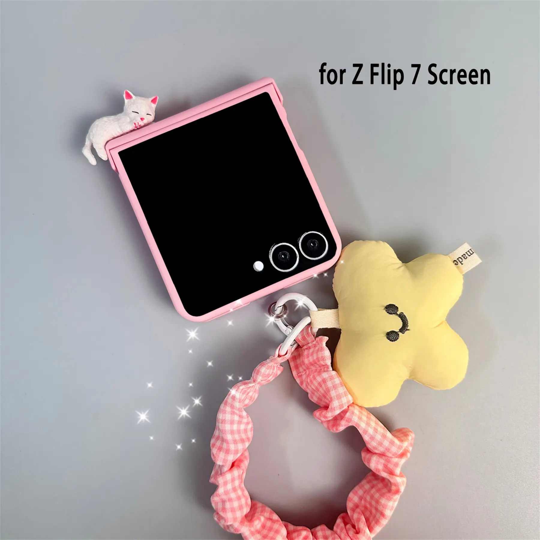 Cute 3D Kitten Pink Phone Case with Star Pendant Lattice Strap for Samsung Galaxy Z Flip 7 Z Flip 6 Z Flip 5 Flip 4 Flip 3 Cover