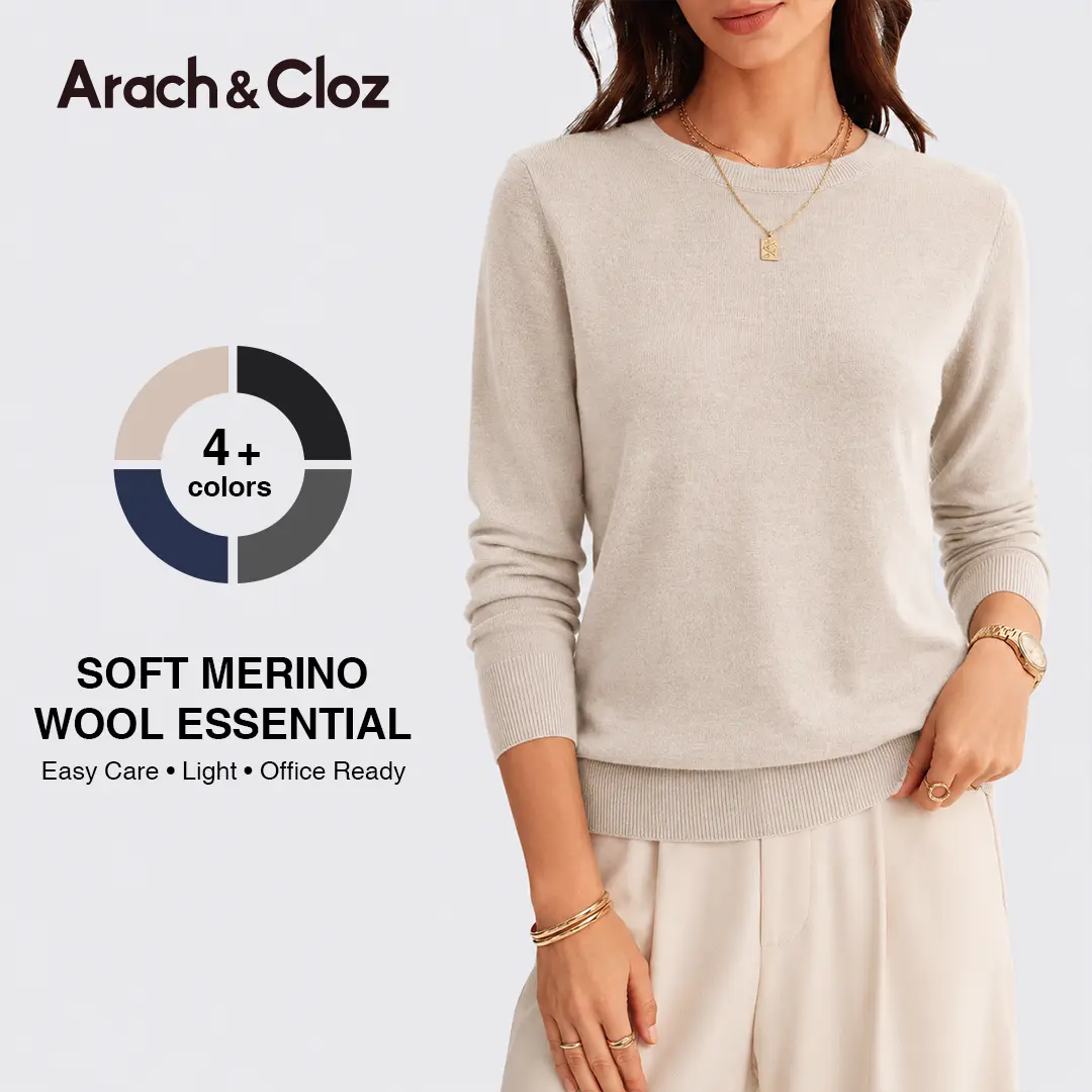 Arach&Cloz Women's 100% Merino Wool Long Sleeve Crew Neck Tops Smart Casual Pullover Sweaters Office Outfits Fall Winter