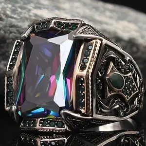 Vintage Gothic Men’s Ring – Large Rectangular Gemstone with Intricate Floral Engraving, Two-Tone Antique Finish, Perfect for Biker & Medieval Aesthetic