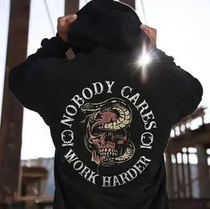 NOBODY CARES, WORK HARDER Snake Wraps Skull Casual Black Print Hoodie