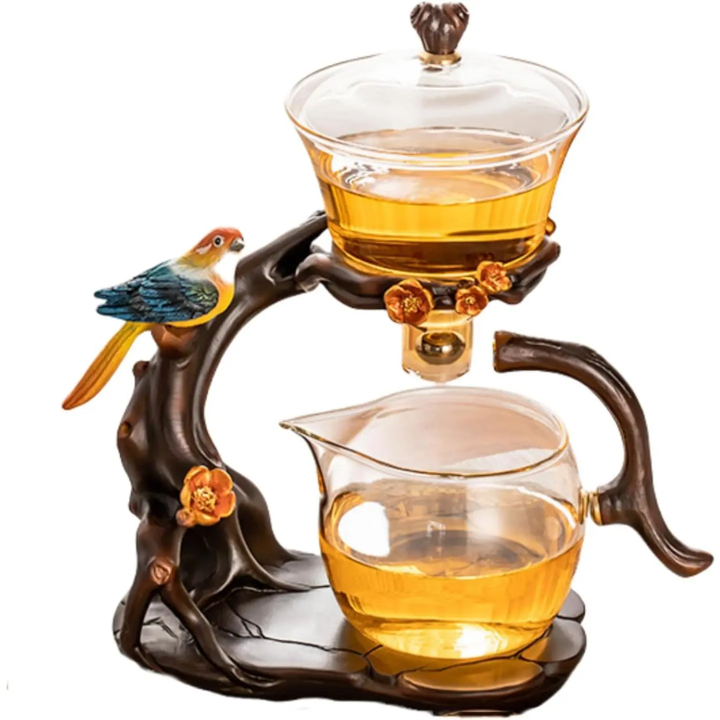 Heat-Resistant Transparent Glass Teapot with Filter - Stylish Body, Lazy Kungfu Semi-Automatic Drip Rotating Design, Rotating Bowl, Stainless Steel Bird Infuser, Ideal for Tea Serving (Tea Set Component, Teapot Only)