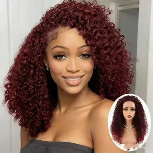 【RXC】3 in 1 Seamless Flip Over Half Wig 99J Burgundy Kinky Curly Glueless Adjustable Synthetic Wig
