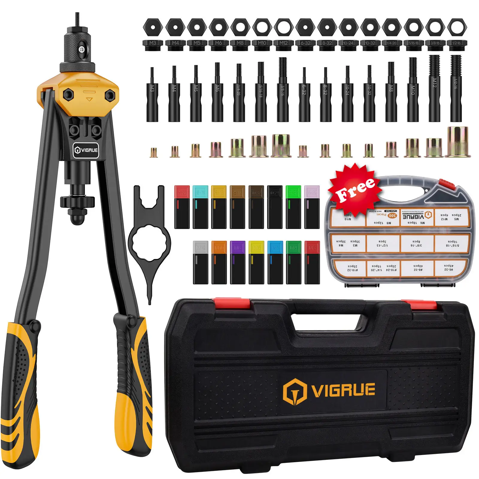 VIGRUE 16'' Rivet Nut Tool Kit Nutserts Rivnut Hand Tool Set with 15PCS Metric & Inch Mandrels M3 to M12, 6-32 to 1/2-13 and 300PCS Metric & SAE Rivet
