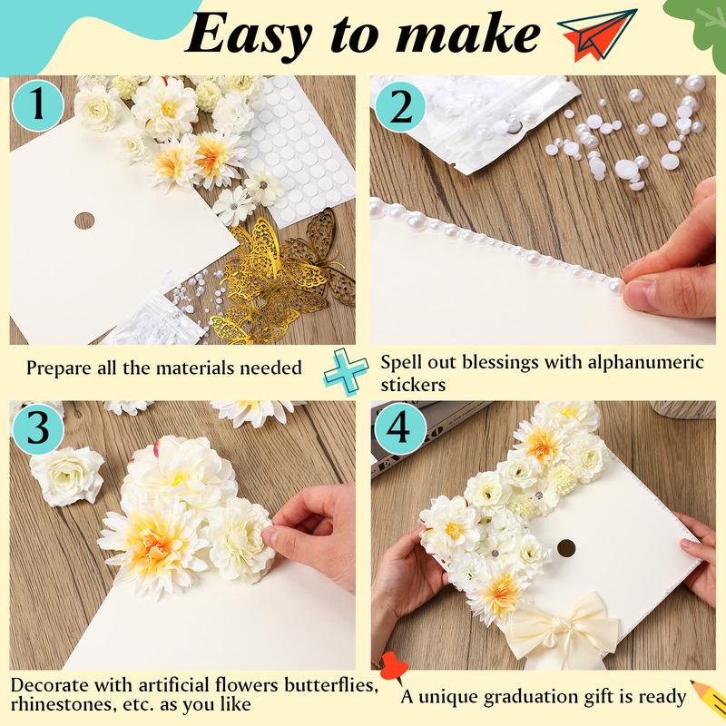 Graduation Cap Decoration Kit with Artificial Flower Heads 3D Butterfly Construction Paper Stickers Pearl Adhesive Dots Satin Bow for Grad Cap Topper DIY Craft Art Decor Grad Gift