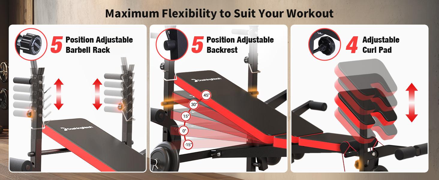6-in-1 Foldable Weight Bench Set, 1695LBS Adjustable Workout Bench/Barbell Rack/Curl Pad, Bench Press, Leg Extension and Curl machine, Workout Fitness Equipment w/Squat Rack for Home Gym