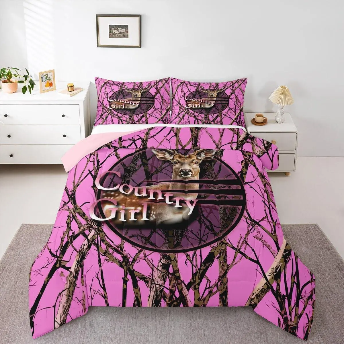 Camo Hunting Deer Comforter Set,Pink Camouflage Hunter Bedding Set,for Girls Boys Kids,Rustic Cabin Lodge Quilt Bed Set,Tree Branch Room Decor,All Season