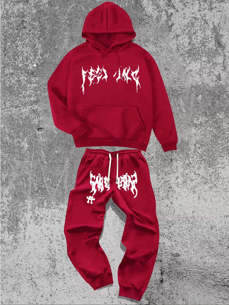 Men's Hoodie and Pants Set American Streetwear with Lightning Cross Print Stylish Casual Wear Featuring Slight Stretch and Detailed Pockets Black Trouser Longsleeves