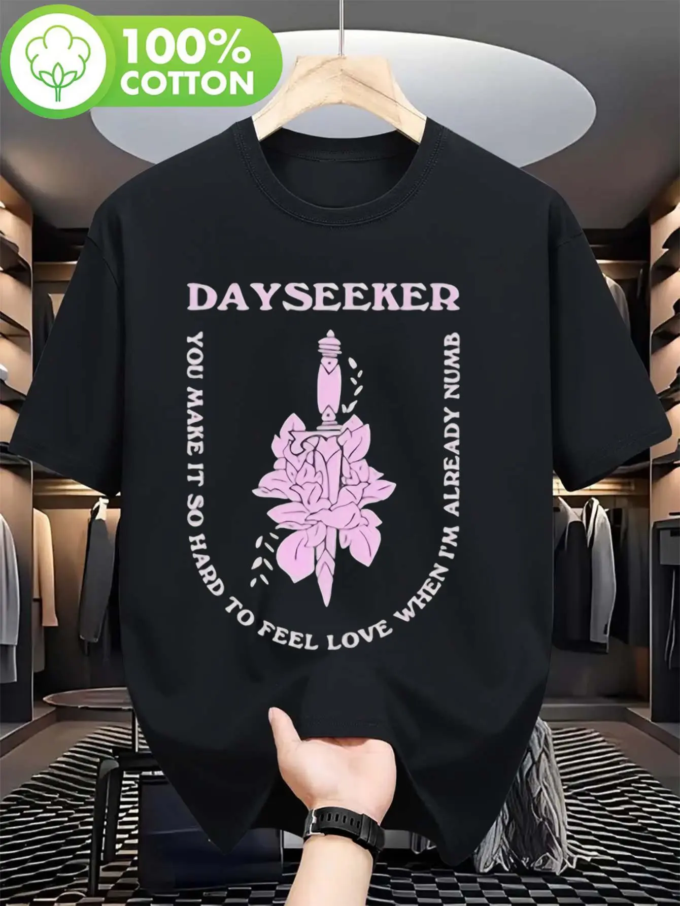 1pc Dayseeker Men'S Heavyweight 230g T-Shirt Retro Print Black Floral and Inspirational Quote Design, Soft Breathable Loose Fit, Ideal for Concerts, Gyms, Travel - Perfect Casual Wear, Retro Style, High-Quality Short Sleeve Top for Street Fashion
