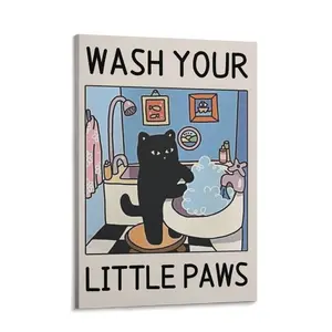 Wash Your Paws  Poster - Cute Bathroom Wall Art, Funny Washing Up Sign for Kids &  Lovers, Unique Home Decor Print cat