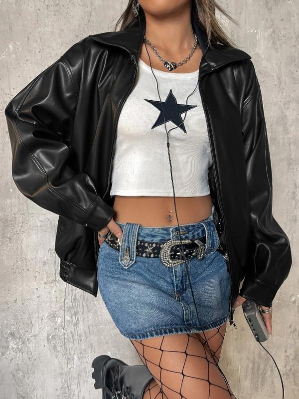 Zip Up Drop Shoulder PU Thick Leather Jacket *LooKo