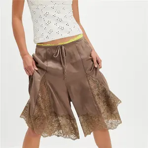 Women Lace Trim Shorts Y2k Satin Low Rise Half Slip Pajamas Cute Bow Coquette Pettipants Bloomers Patchwork Lounge Midi Pants