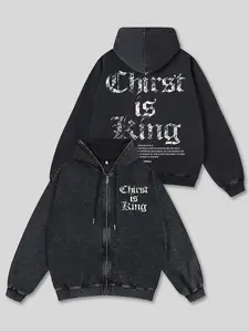 Men's Hooded Zipper Sweatshirt, Heavyweight Cotton Hoodie, Fall & Winter Casual Loose-Fit Cotton Pullover, Vintage Jesus Graphic Design, Ideal Gift for Holidays