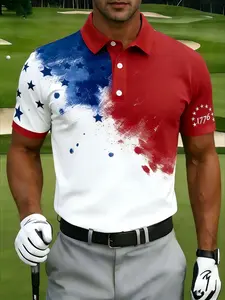 1pc Men's Brush Stroke Patriotic Graphic Print Polo Shirt - Casual Street Style, Wrinkle-Resistant Durable Fabric, Suitable for Patriotic Enthusiasts & Daily Casual Wear