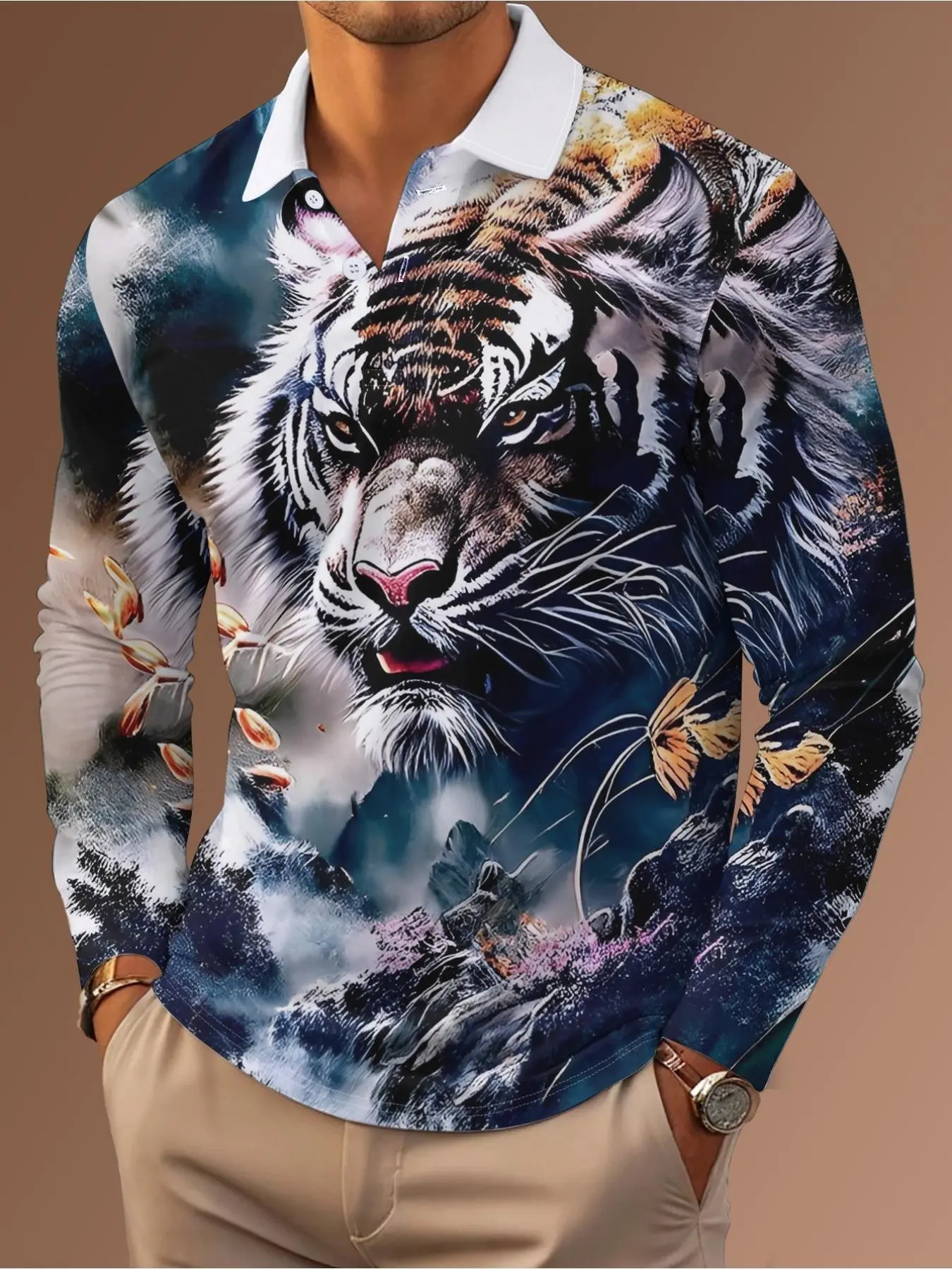 Men's Tiger Print Long Sleeve Polo Shirt - Printed Polo Shirts, Casual, Lightweight Polyester with Button-Up Collar, Machine Washable, Exotic Tropical Jungle Design