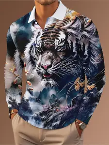 Men's Tiger Print Long Sleeve Shirt - Casual, Lightweight Polyester with Button-Up Collar, Machine Washable, Exotic Jungle Design