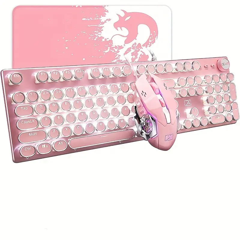 Vintage Typewriter-Style Mechanical Gaming Keyboard - 104-Key Anti-Ghosting with White Backlit, Round Keycaps - Includes Ergonomic Mouse with Adjustable DPI
