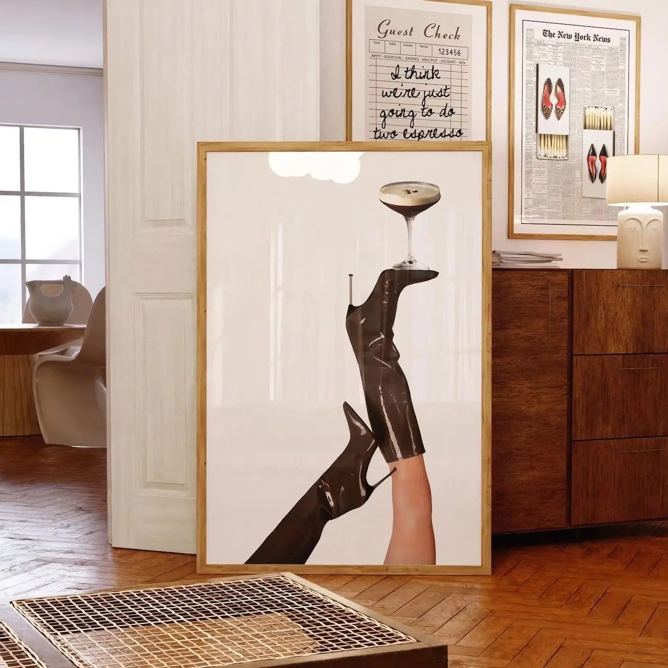 Espresso Cocktail Wall Art, Brown Boots Poster, Retro Bar Cart Decor, Coffee Lover Print, Vintage Fashion Artwork | Frameless Poster 9