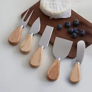 5-Piece Premium Stainless Steel Cheese Knife Set with Oak Handle, Includes Fork, Slicer, Cream Knife, Ideal for Charcuterie Boards & Parties, Kitchenware