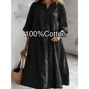 New Stylish Women's Summer Clothes, Solid Color V-Neck Short-Sleeved Dress for Women with Button and Pocket, Elegant and Sophisticated Dresses for Lady, Pull-over, Loose Fit, Perfect Outfits for Casual Occasions/Holiday