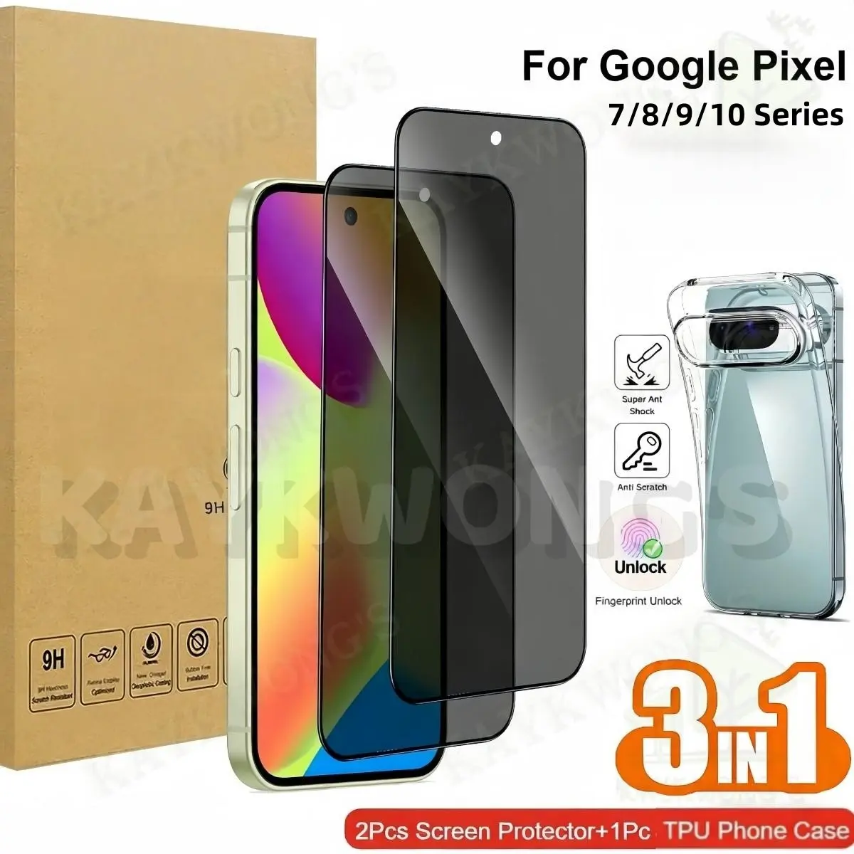 KAYKWONG'S 3 in 1 Set, Include 2 Tempered Glass Film Privacy Screen Protector + 1 Tpu Phone Case for Google Pixel 7/7a/8/8 Pro/8A/9/9 Pro/9a/9 Pro XL/10/10 Pro/10 Pro XL Series,  Smooth Easy Install, Privacy Protection