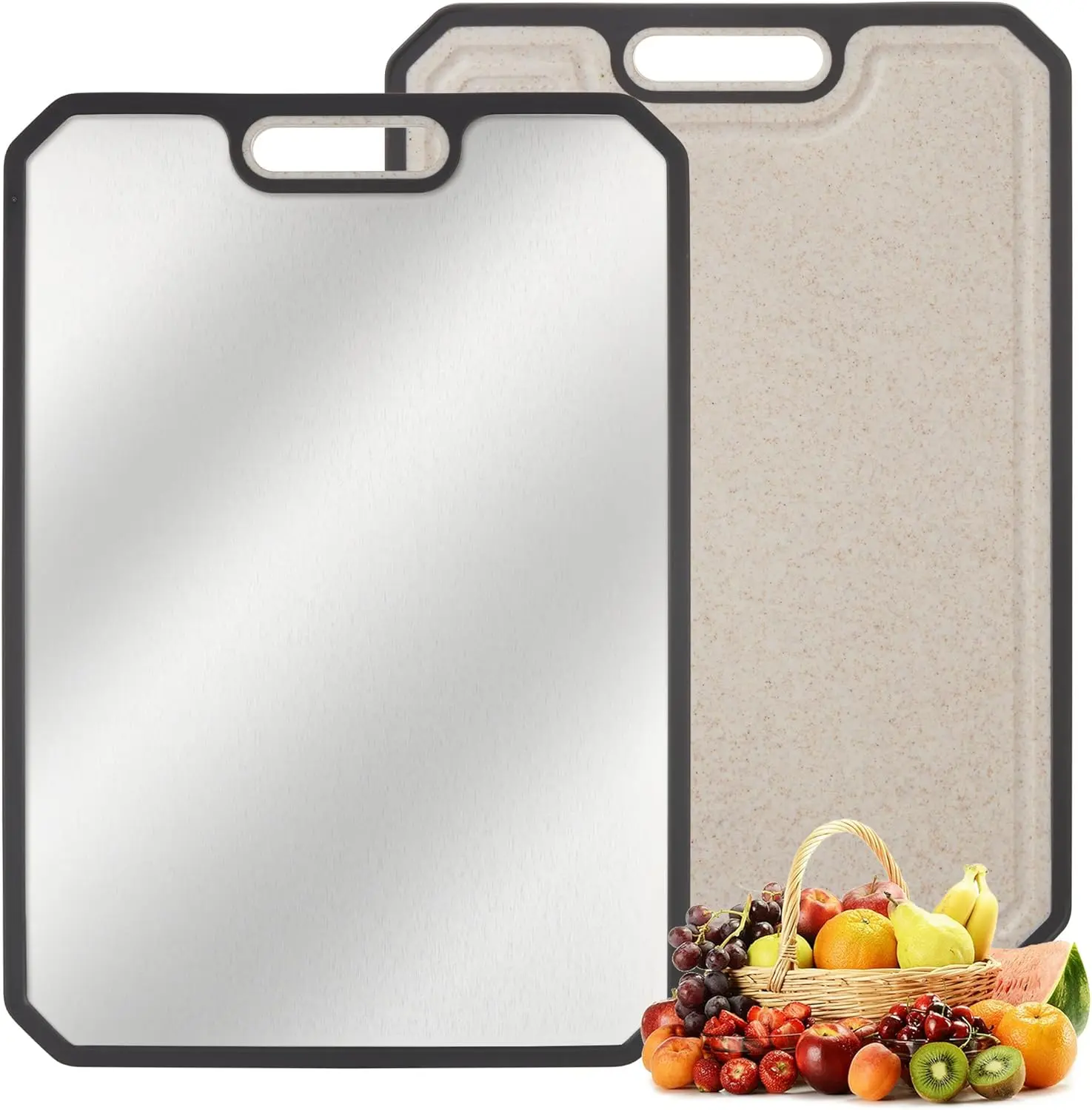 15x10 In Double Sided Titanium & Stainless Steel Cutting Board with Juice Grooves & Built-in Handles, Easy to Clean Kitchen Chopping Board