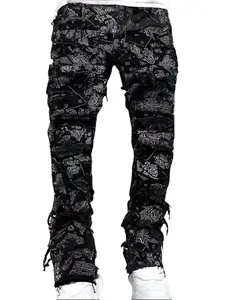 Men’s stacked high-stretch straight-fit jeans; distressed denim available in multiple colors; ripped hem patchwork distressed jeans; streetwear styles in multiple colors; slim-fit ripped jeans; premium denim fabric designed for men; trendy men’s jeans; ve