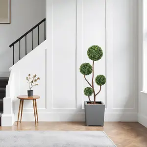 4FT Artificial Boxwood Topiary Tree: 100% No Maintenance Faux Plant - Year-Round Green Decor for Indoor Outdoor Patio & Porch - 4 Spheres in Black Pot