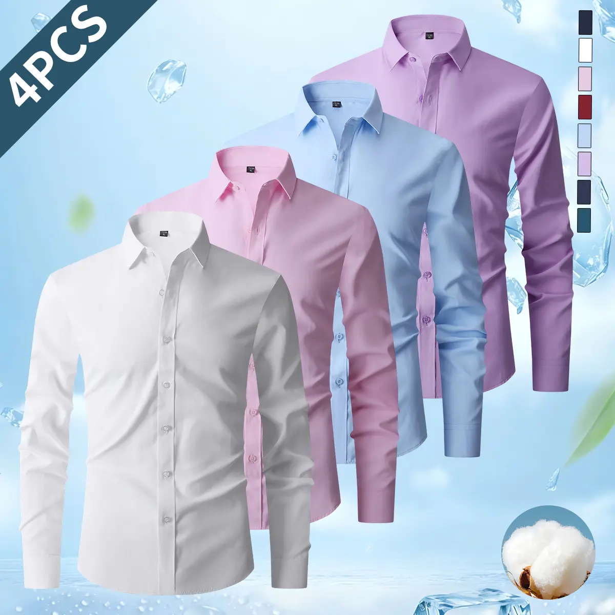 Pack of 4 men’s business casual shirts, simple solid color long-sleeve button-up top with a classic lapel collar, regular fit, suitable for office or everyday casual wear; men’s clothing, men’s tops