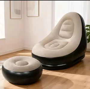 Adult Inflatable Recliner Sofa with Foot Stool Heavy Duty Portable Folding Air Couch Space Saving Indoor Outdoor Lounge Chair 2 Pcs Plush Fabric Lounge Chair and Footstool Portable Inflatable Pump Included