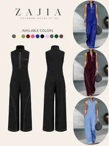2026 New Arrival Women's Stand Collar Sleeveless Casual Loose Lightweight Linen Jumpsuit, European & American Style, Comfortable and Stylish