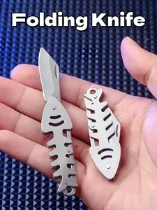 New EDC Tool Keychain, Folding Pocket Knives, Stainless Steel Fishbone Design, Camping & Daily Use Utility Accessory, Sporty Style, Durable & Versatile