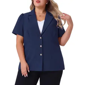 Women's Plus Size Short Sleeve Notch Lapel Single Breasted Office Blazer - Agnes Orinda 4X Navy Blue