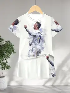 Boys Real Madrid Football Fan Outfit Set White Watercolor Cristiano Ronaldo 7 RONALDO Graphic Tee + White Shorts 2 Piece Outfit Kids Soccer Sport Style Breathable Casual Wear for School Football Match & Fan Gathering Fashion Kids Clothes